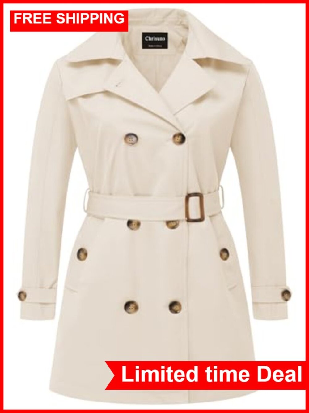 Plus Size Double Breasted Trench Coat Mid-Length Belted Overcoat Detachable Hood